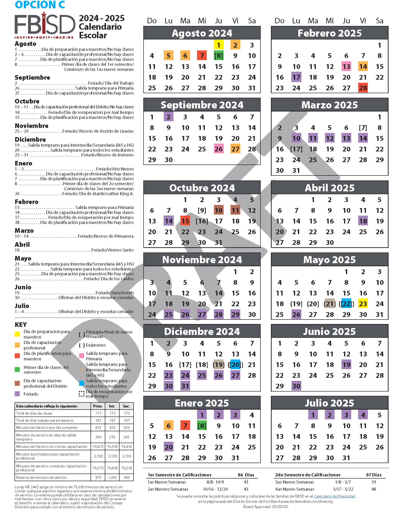 2024-2025 Instruction Calendar Option C in Spanish